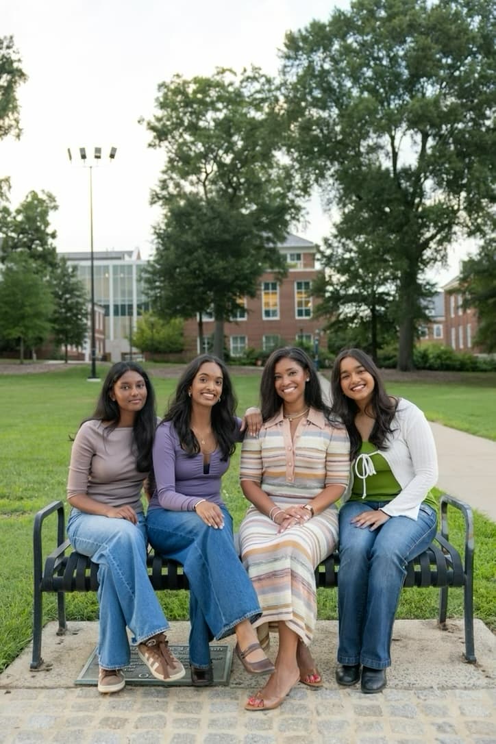Akhila, Srinidhi, Ashley and Avishi, all four together on the bench.